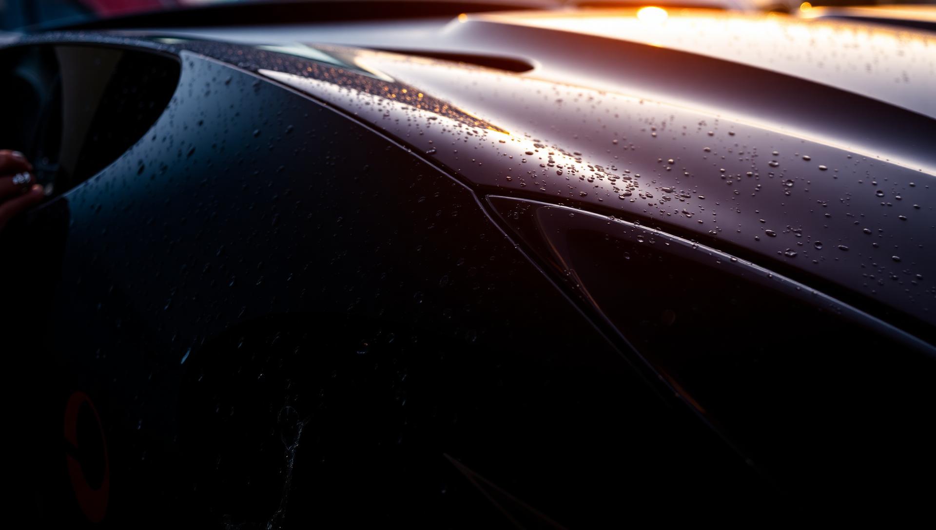 Glossy black sports car detailed in Hertfordshire at sunset